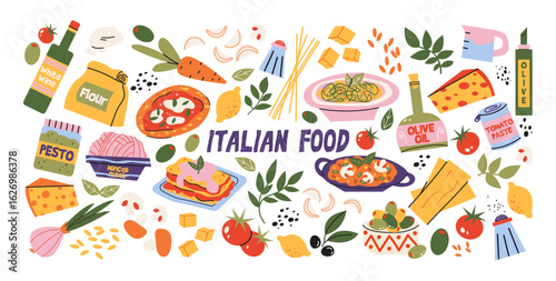 Italian food and culture stickers set in retro cartoon style. Food and drink: pizza, pasta, wine, tomato. Illustration in funky, doodle style, trendy labels set.