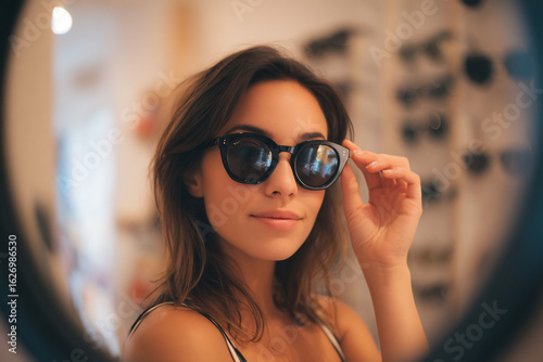 Woman trying on sunglasses in boutique mirror