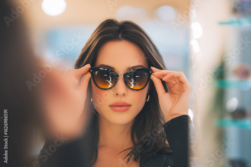 Woman trying on sunglasses in boutique mirror