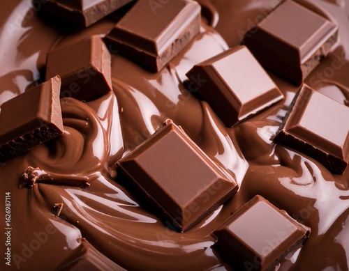 Generative AI melted liquid chocolate texture background, some bitter chocolate parts falling in this liquid