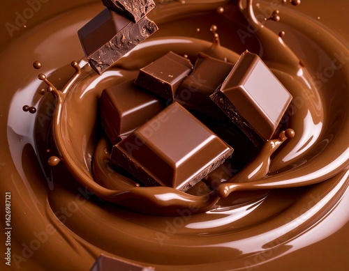 Generative AI melted liquid chocolate texture background, some milk chocolate parts falling in this liquid