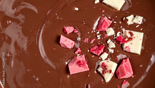 Generative AI melted liquid chocolate texture background, some white and pink chocolate parts falling in this liquid