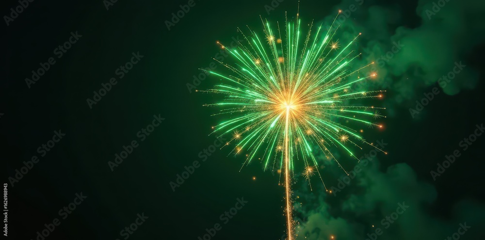 Obraz premium Emerald green firework bursting with sparks and fiery trails , celebration, photography