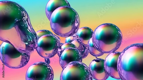 Rotating animation of 3D spheres of metallic emerald purple liquid in a gradient space that smoothly tinkle and merge with each other.