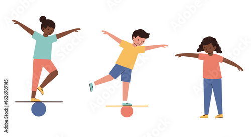 kids practicing balance in gym class. Vector illustration isolated on a transparent background. School
