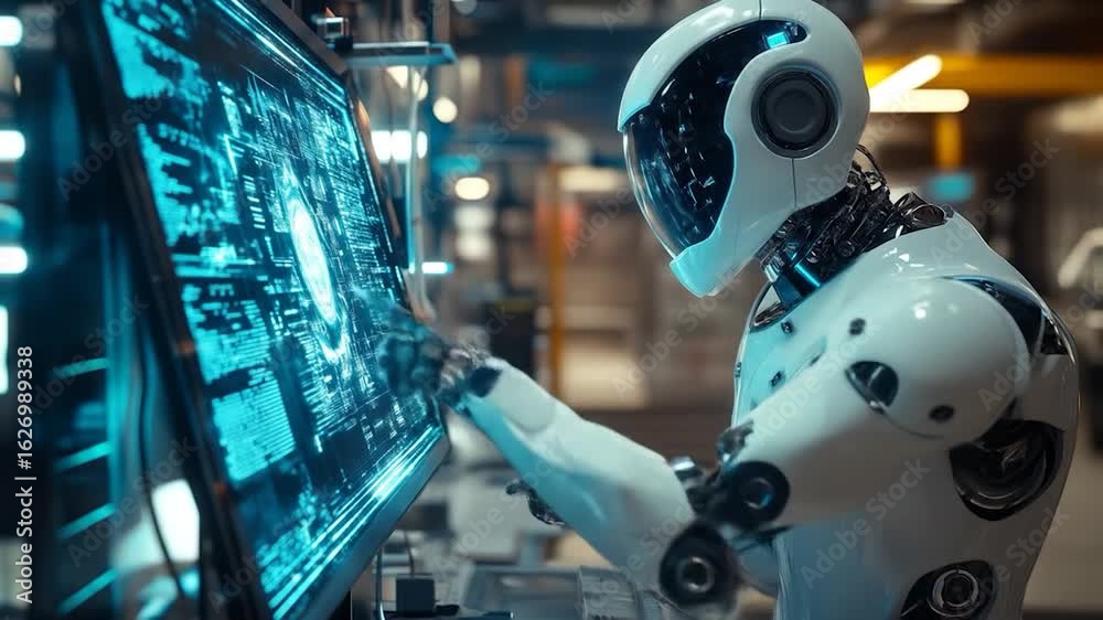 Robot working futuristic computer.
