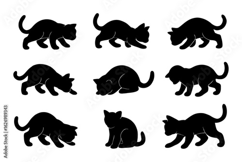 Collection of black cat silhouettes in different poses isolated on white background