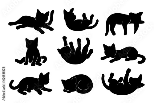 Collection of playful cat silhouettes in various poses isolated on white background