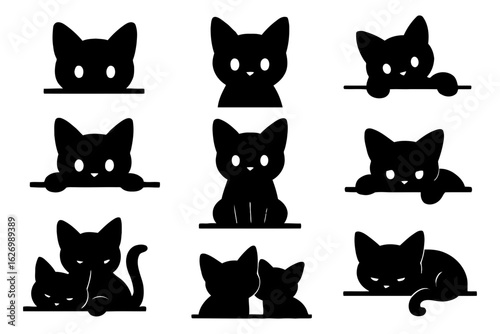 Silhouette of peeking cats isolated on white background in various expressions