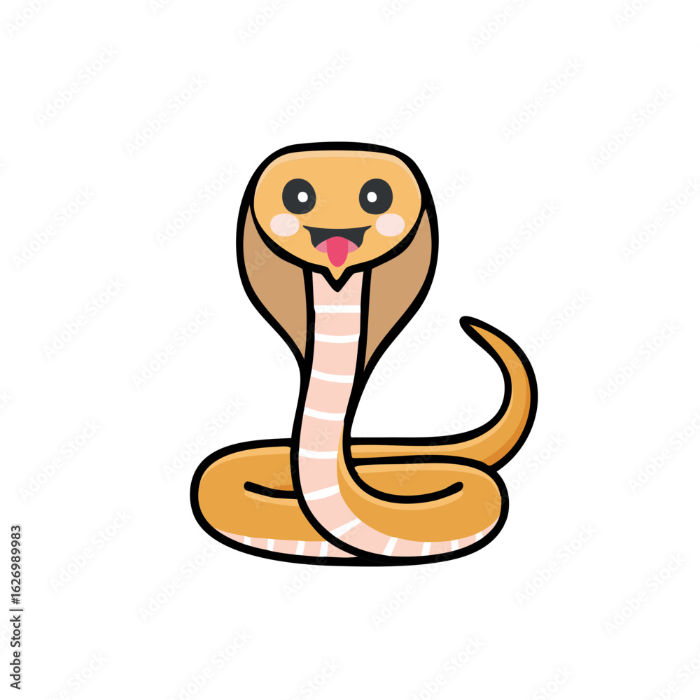 Fototapeta premium Cute cartoon cobra with smiling face and tongue sticking out