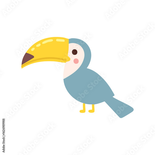 A delightful cartoon toucan with a large yellow beak and blue body, standing gracefully