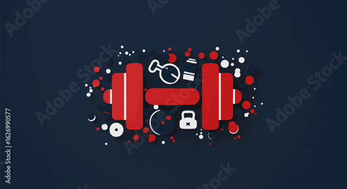 Red dumbbell icon on a dark blue grunge paint splatter. Vector illustration for gym, fitness, and workout concepts.