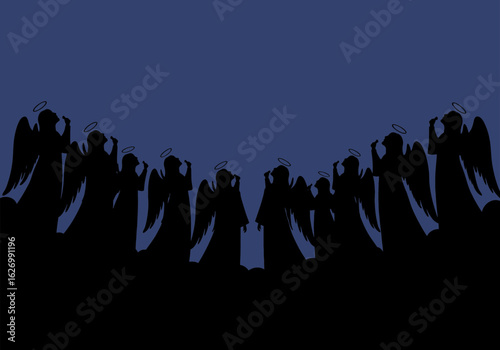 Silhouette of a choir of angels singing in harmony under a dark blue sky