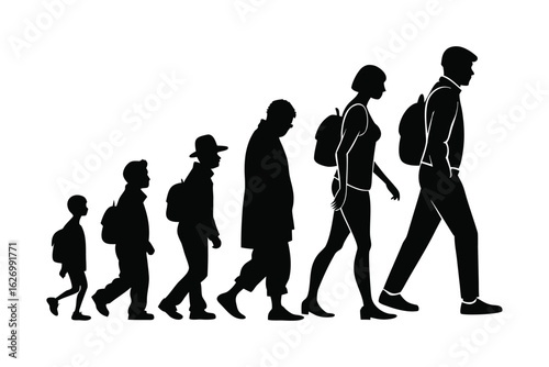Vector art of human evolution and life stages isolated on white background