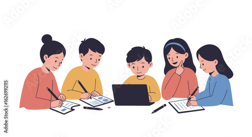 kids working on  group project. Vector illustration isolated on a transparent background. School


