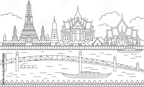 Bangkok Thailand Skyline Vector Illustration Design with River and Traditional Architecture