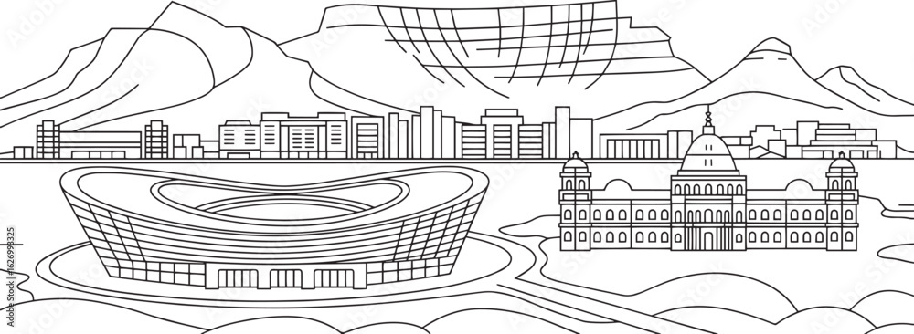 Fototapeta premium Cape Town Skyline Outline Vector Illustration with Table Mountain and Stadium on Transparent