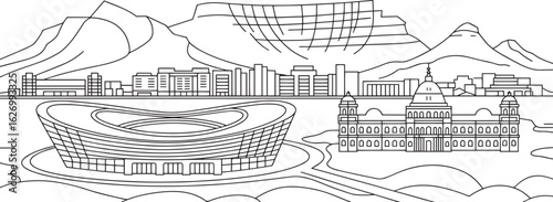 Cape Town Skyline Outline Vector Illustration with Table Mountain and Stadium on Transparent
