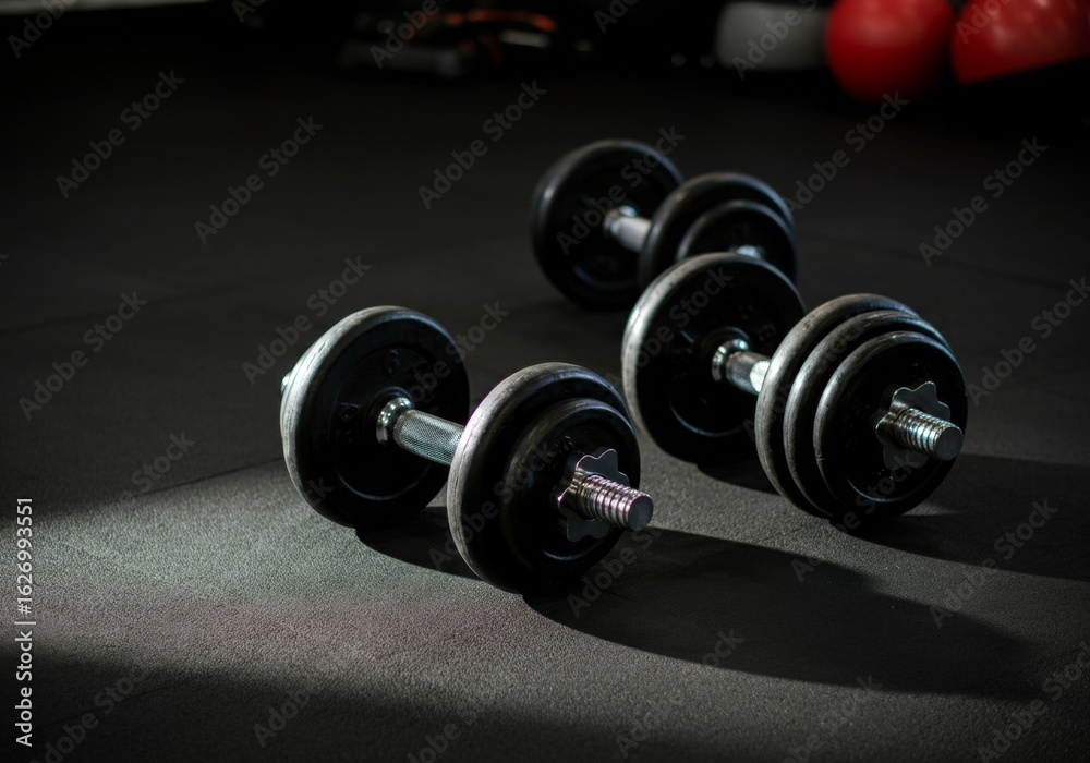 Dumbbells resting on rubber flooring in a gym environment showcasing fitness equipment and workout space Dumbbells resting on rubber flooring in a gym environment showcasing fitness equipment and workout space