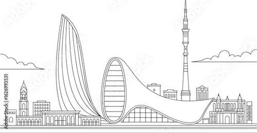 Detailed Baku Skyline Vector Illustration An Azerbaijan Cityscape Outline with Architectural Landmarks