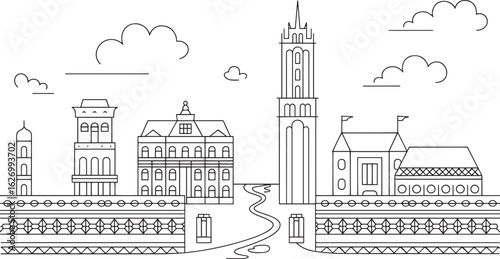 Detailed Cityscape Vector Illustration A Modern City Outline with Architectural Elements