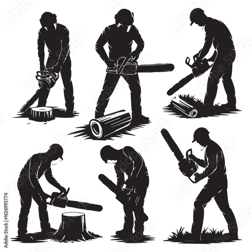 Silhouettes of lumberjacks using chainsaws, depicting various actions and poses in the forest, showcasing the skill and labor involved in logging, isolated on white background