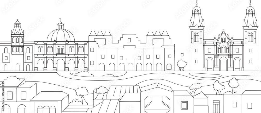 Obraz premium Detailed Line Art of a Colonial Cityscape with Dome and Traditional Buildings Outline