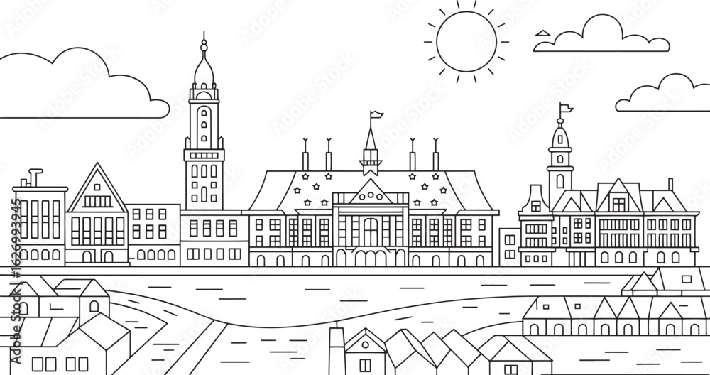 Obraz premium Detailed Line Art of a European Cityscape with River, Clouds, and Sun in Vector Format for Design