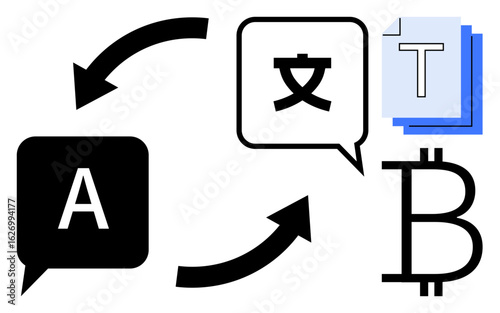 Black speech bubbles with letters, arrows showing exchange flow, currency, and text files. Ideal for language, technology, finance, translation, cryptocurrency globalization simple landing page