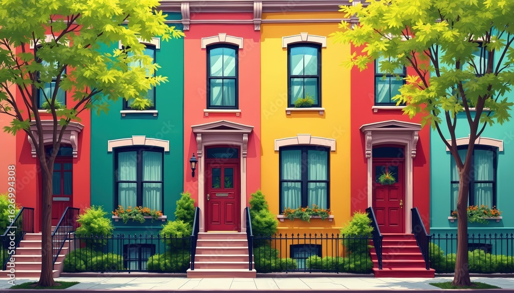 Naklejka premium Vibrant row houses illustration. Colorful facades in red, green, yellow, and blue tones line a city street. Springtime foliage on green trees and bushes adds life to the urban scene.