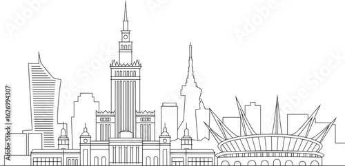 Detailed Line Art of Warsaw Skyline with Buildings and Landmarks Vector Illustration