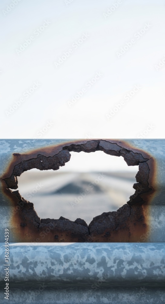 Fototapeta premium Rusted Metal Pipe Frames Serene Water View