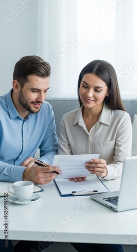 Couple reviewing financial documents at a bright home office.