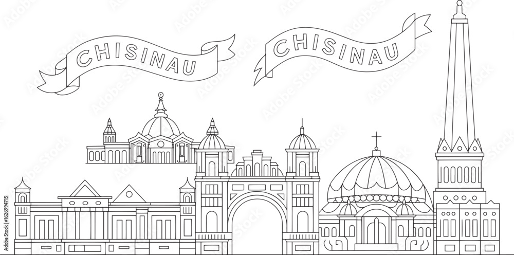 Fototapeta premium Detailed Line Art Skyline of Chisinau, Moldova with Architectural Landmarks Vector
