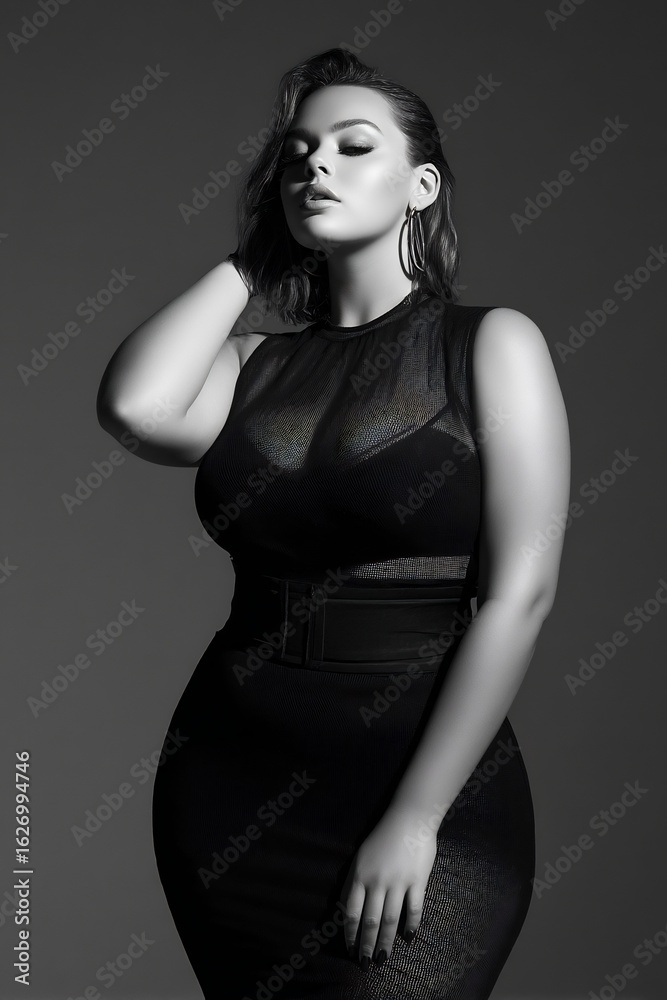 Naklejka premium editorial style pose with clear body shape under mesh, monochrome