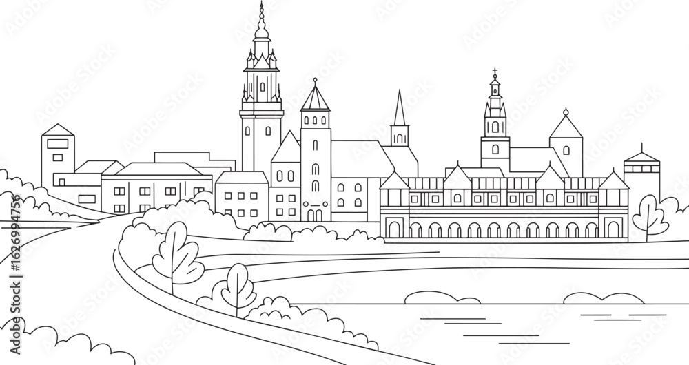 Obraz premium Detailed Linear Skyline of a Castle Town with River and Trees on a Transparent Backdrop