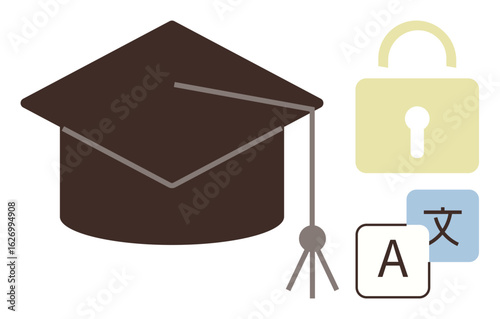 Graduation cap with tassel alongside language blocks and padlock denotes knowledge, multilingual learning, digital security, education integrity. Ideal for language learning, e-learning, secure