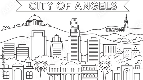 Detailed Los Angeles Skyline Outline Vector Illustration Depicting Californian Cityscape
