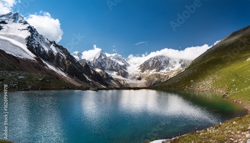 mountain lake nestled amongst snowy peaks