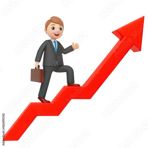 Businessman climbing red arrow graph isolated on transparent background