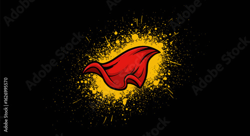 A stylized red cape icon with black outline, centered on a black background with a yellow, splattered, paint-like burst behind it.