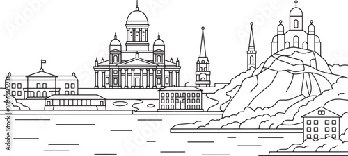Helsinki Finland Skyline Silhouette Vector Illustration with Landmarks and Buildings Outline Style Design
