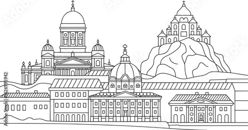 Helsinki Skyline Outline Vector Illustration Displaying Finnish Landmarks and Buildings