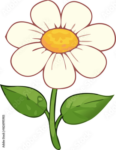 Cheerful white daisy illustration with vibrant yellow center and lush green leaves bringing joy