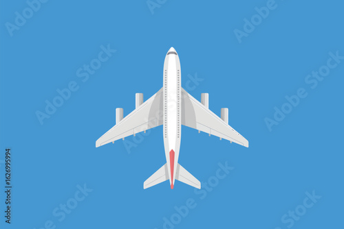Top down view of a white airplane with red tail on a blue background in simple vector style