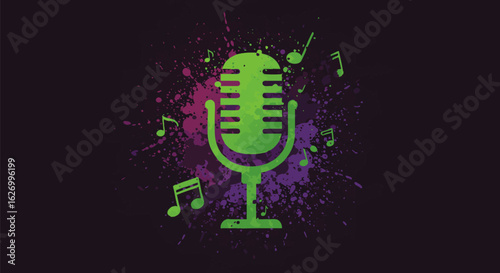 Artistic microphone silhouette with musical notes and vibrant ink splatters. Creative sound and music background vector graphic.