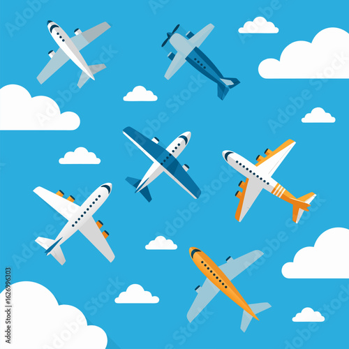 Fly away with modern flat design airplanes soaring through fluffy clouds against bright blue skies