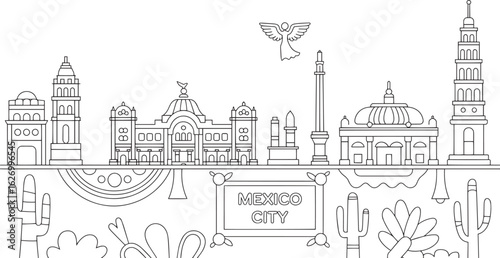 Mexico City Skyline Linear Style Vector Illustration with Buildings and Landmarks Design