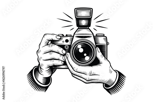 Illustration of hands holding a camera with a flash in black and white line art style