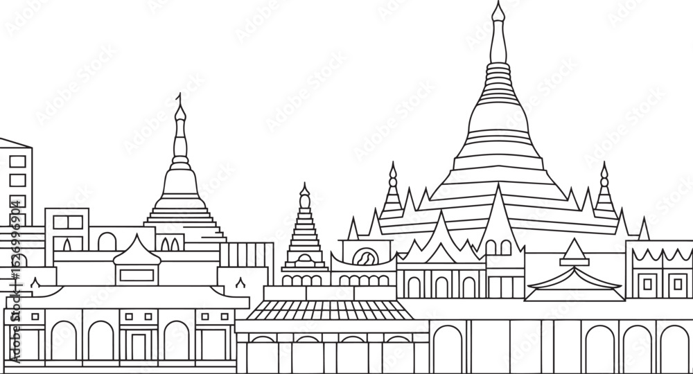 Fototapeta premium Myanmar Skyline Outline Vector Illustration with Cityscape and Landmark Buildings Silhouette Design